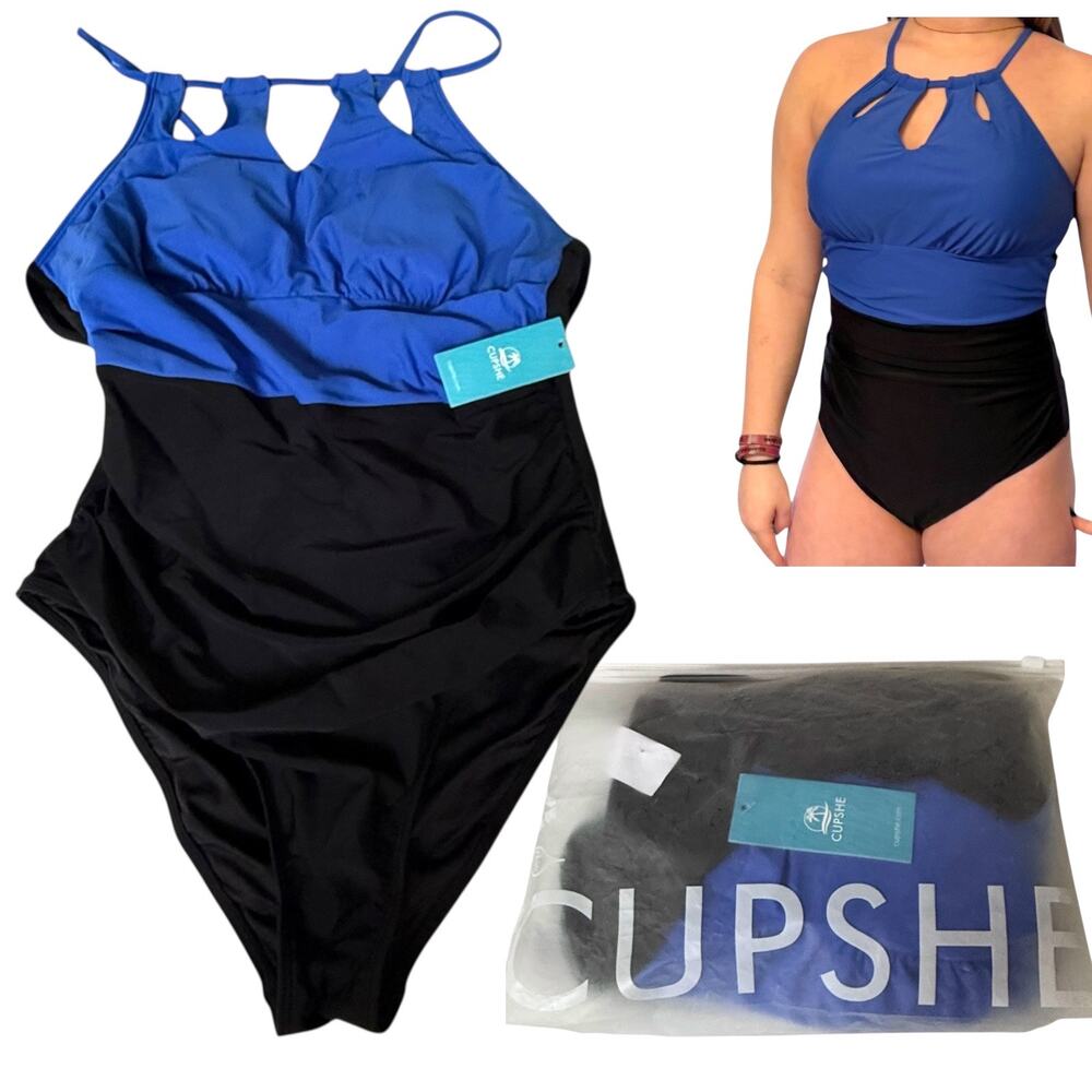 NEW Cupshe SWIMSUIT Women's LG Blue & Black High Neck Cut-Out One Piece Swimsuit